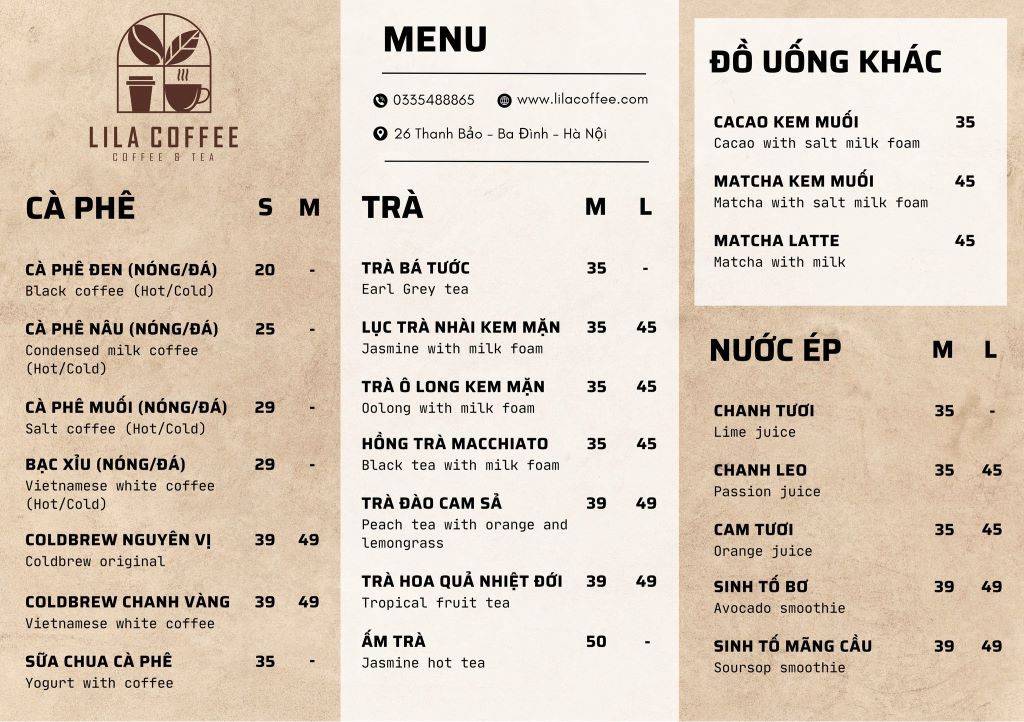 LiLa Coffee menu